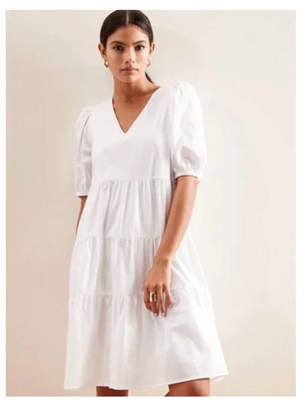 Banana Republic White V-Neck Puff Sleeve Tiered Midi Dress - 100%Cotton - Medium